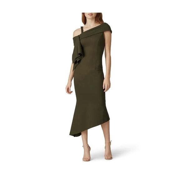 Elliatt Platform Revolve Asymmetrical Side Drape Ponte Olive Green Gala S - Picture 1 of 11